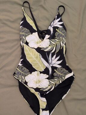 Floral Print One-Piece Swimsuit - Black and Olive; Sandy Beach XS